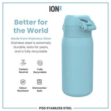 A light-blue water bottle stands upright against a white background. The bottle features a carrying handle and the logo 