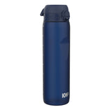 A dark-blue water bottle stands upright against a white background. The bottle is marked with fluid ounce measurements and the brand name 