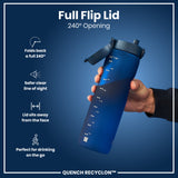 A blue water bottle with a 240° opening flip lid is held by a hand against a dark blue background. The bottle displays measurement markings in milliliters and ounces. QUENCH RECYCLON™ is also printed on the bottle.