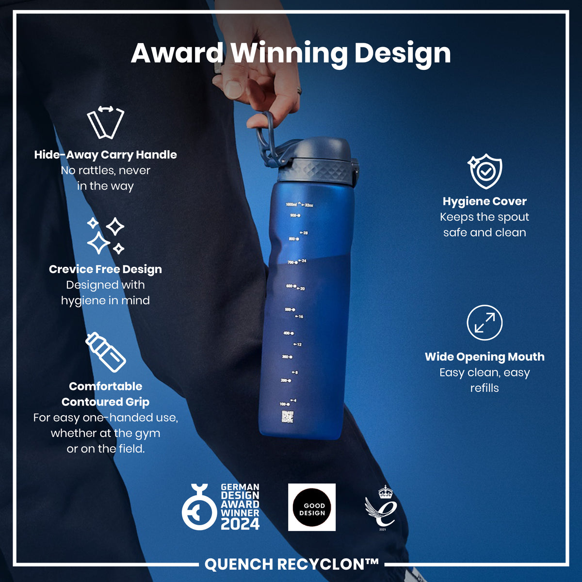A person holds a blue water bottle; it features a hide-away handle, crevice-free design, contoured grip, and wide mouth. The bottle is an award-winning design.