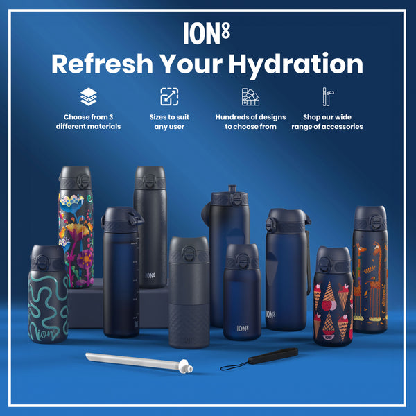 Several ION8 water bottles, in various sizes and colorful designs, are displayed on a blue surface. Accessories are also shown. The text reads: "ION8 Refresh Your Hydration," with details on materials, sizes, designs and accessories.