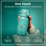 A teal water bottle, decorated with dragons and leaves, is being held; its flip top opens with one hand. The bottle is made of stainless steel and is advertised as leakproof. 
