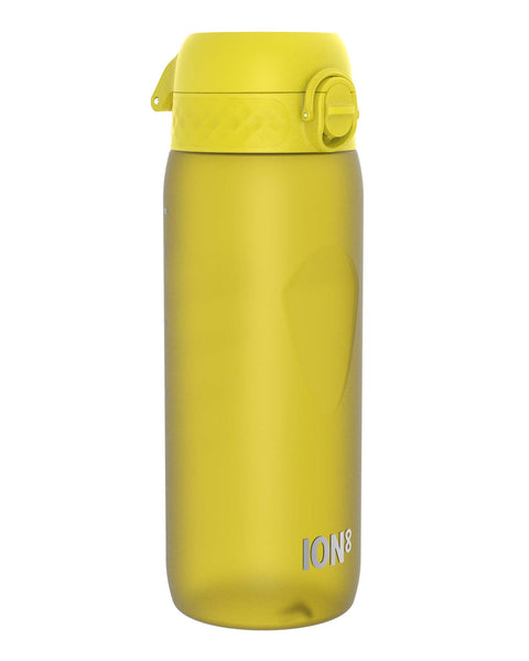 A yellow water bottle stands against a white background. The bottle has a flip-top lid and the brand name "ION8" is printed near the bottom.