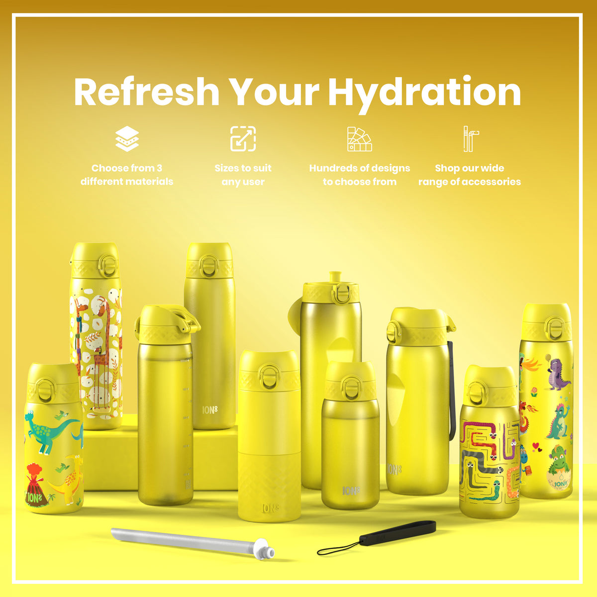 Yellow water bottles, various sizes and designs, are displayed on a yellow background. A tagline reads "Refresh Your Hydration". Additional text describes material options, sizing, design choices and accessories.