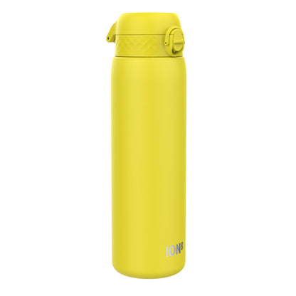 A yellow water bottle stands upright against a white background. The bottle has a screw-on lid and the word "ION8" is printed on its side.