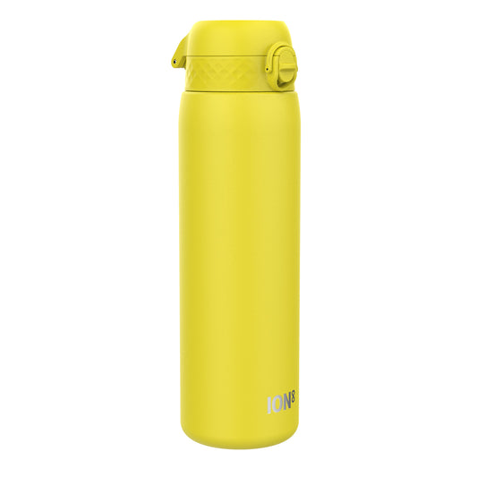 A yellow water bottle stands upright against a white background. The bottle has a screw-on lid and the word "ION8" is printed on its side.