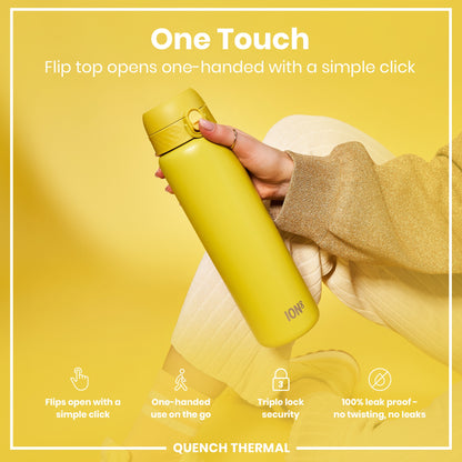 A yellow ION8 water bottle is held; its flip top opens one-handed. The context is a yellow background; text highlights features. "One Touch. Flip top opens one-handed with a simple click." "Flips open with a simple click. One-handed use on the go. Triple lock security. 100% leak proof - no twisting, no leaks." "QUENCH THERMAL"