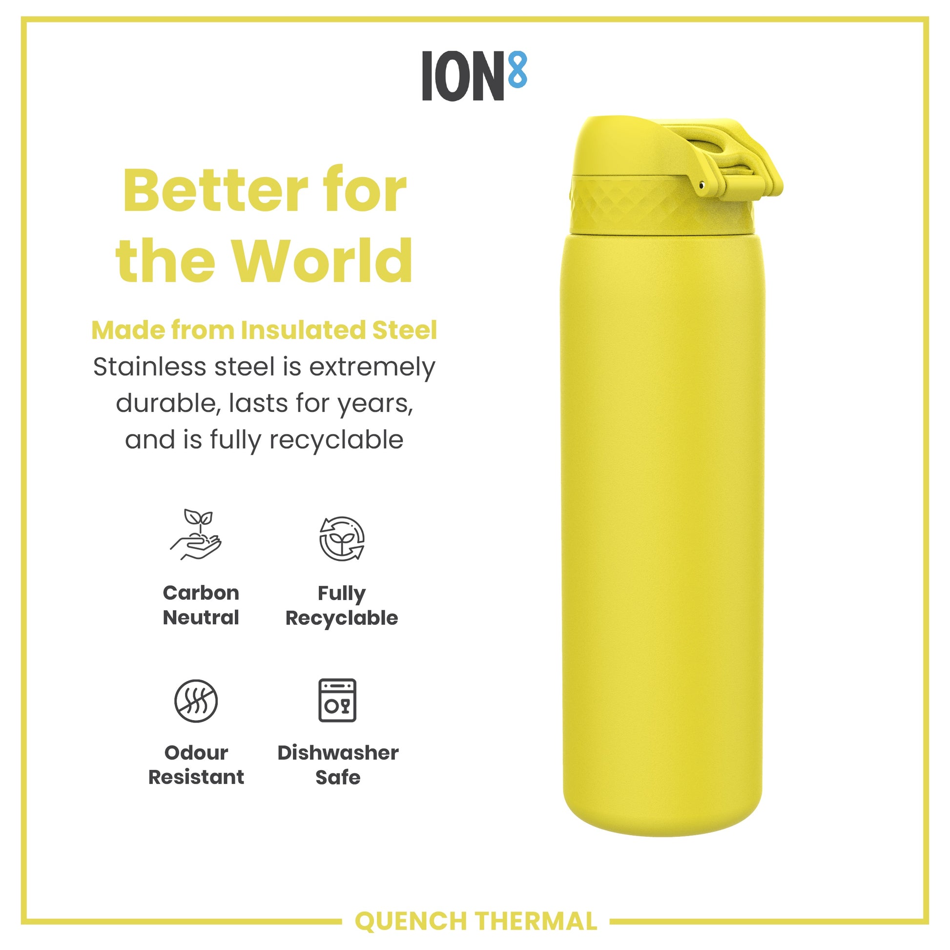 A yellow insulated steel water bottle sits against a white background. The bottle is described as durable, recyclable, carbon neutral, odour resistant, and dishwasher safe.