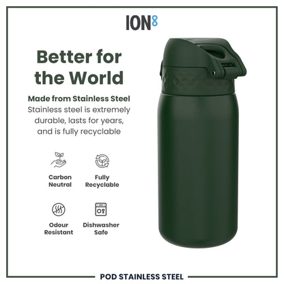 A dark-green stainless steel water bottle sits against a white background. The bottle is shown alongside text advertising its durability, recyclability, and other features.