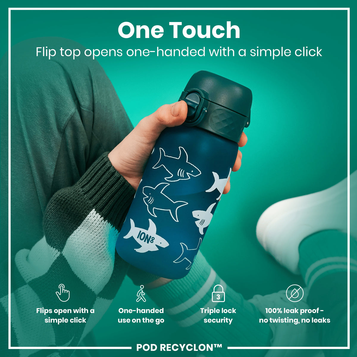 A teal water bottle, decorated with sharks, is held; its flip top opens one-handed. The bottle features a triple lock security, and is 100% leak-proof. The context is a teal background.