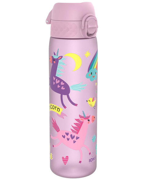 A lavender-colored water bottle, adorned with unicorns, rainbows, and a bird, sits on a white background. The bottle is leakproof and has a hinged lid. Part of the text on the bottle reads “icorn” and “ION8 LEAKPROOF”.