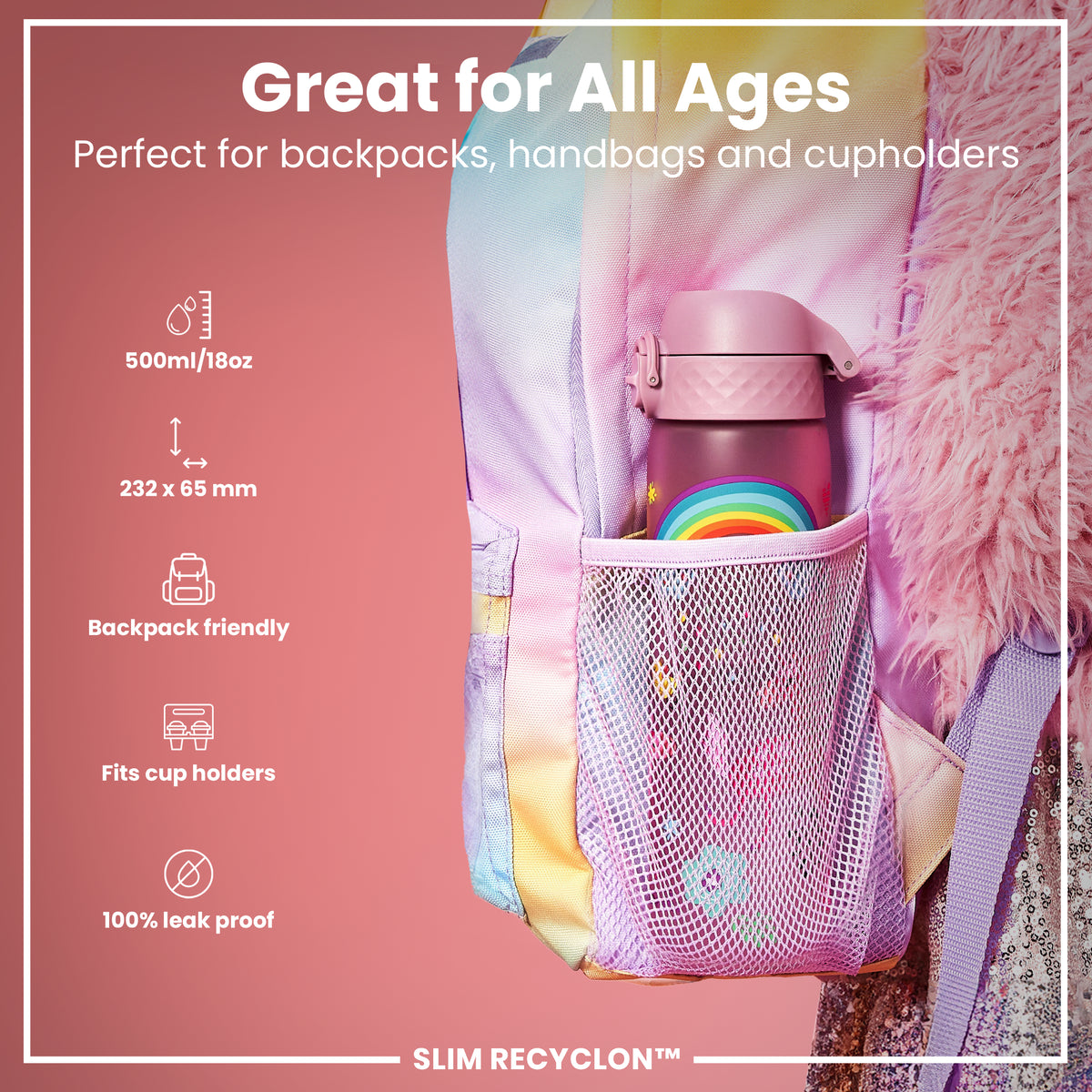 Leak Proof Slim Water Bottle, Recyclon, Unicorns, 500ml (18oz)