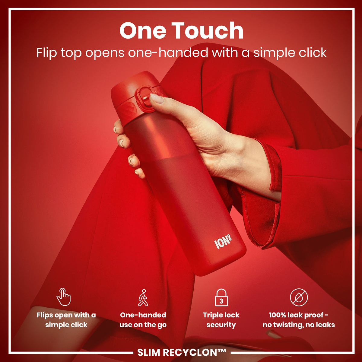 A red water bottle is held; its flip top opens with one hand. The bottle is shown against a red background; it's advertised as leakproof and easy to use. The brand is ION8, and the model is SLIM RECYCLON™.