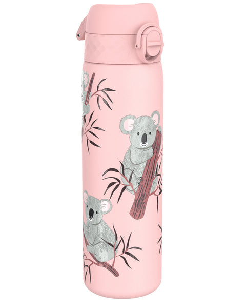 A pink water bottle, featuring koala bears on branches, stands upright against a white background.