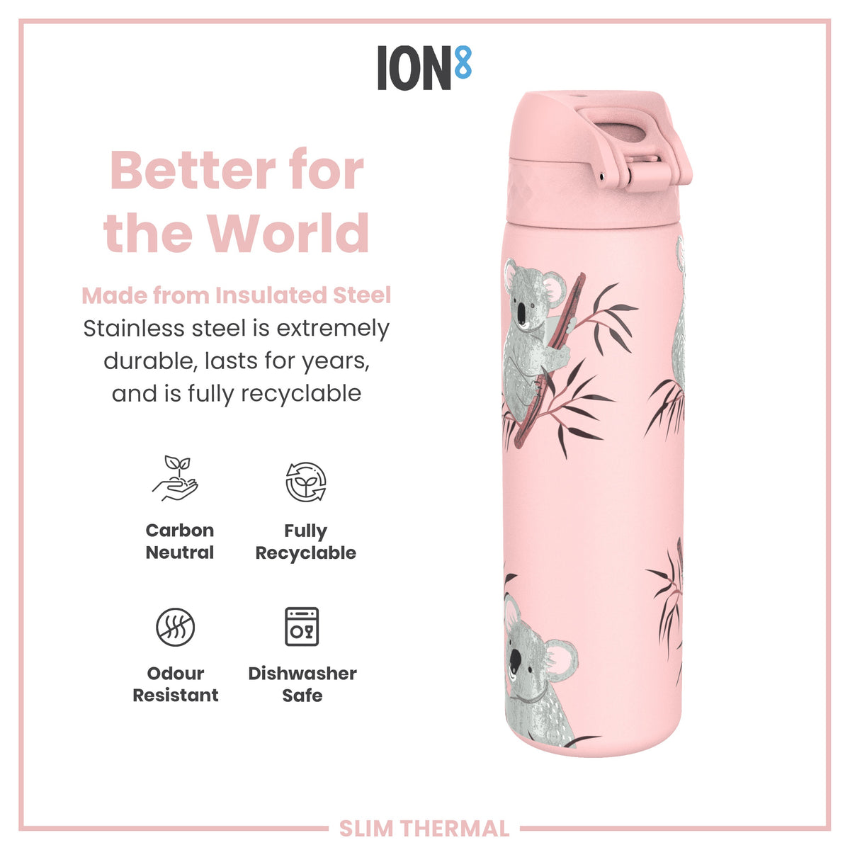 A pink, koala-patterned, insulated steel water bottle sits on a white background. The bottle is advertised as durable, recyclable, odour-resistant, and dishwasher-safe. The text also states that it is made from insulated stainless steel and is carbon neutral.