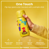 A yellow water bottle, with a dinosaur design, is being held; its flip top opens one-handed. The bottle is advertised as one-touch, triple-lock secure, and leak-proof. POD THERMAL is the brand.