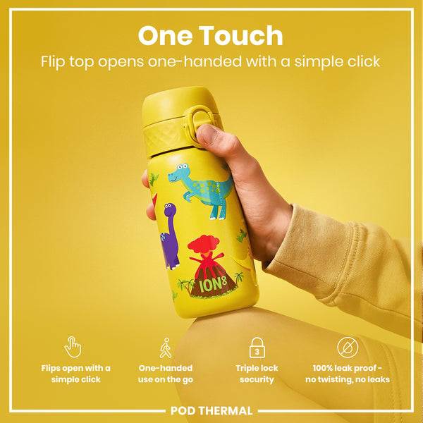 A yellow water bottle, with a dinosaur design, is being held; its flip top opens one-handed. The bottle is advertised as one-touch, triple-lock secure, and leak-proof. POD THERMAL is the brand.