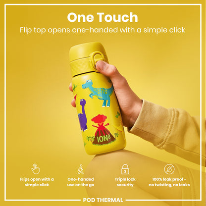 A yellow water bottle, with a dinosaur design, is being held; its flip top opens one-handed. The bottle is advertised as one-touch, triple-lock secure, and leak-proof. POD THERMAL is the brand.