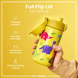 A yellow dinosaur-decorated water bottle with a flip lid is held; its lid opens 240 degrees, away from the face, for easy on-the-go drinking. Full Flip Lid, 240° Opening. POD THERMAL.