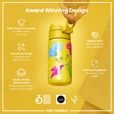 A yellow dinosaur-themed, double-walled stainless steel water bottle is being held; its features are highlighted in text. The context is an advertisement showcasing its award-winning design.