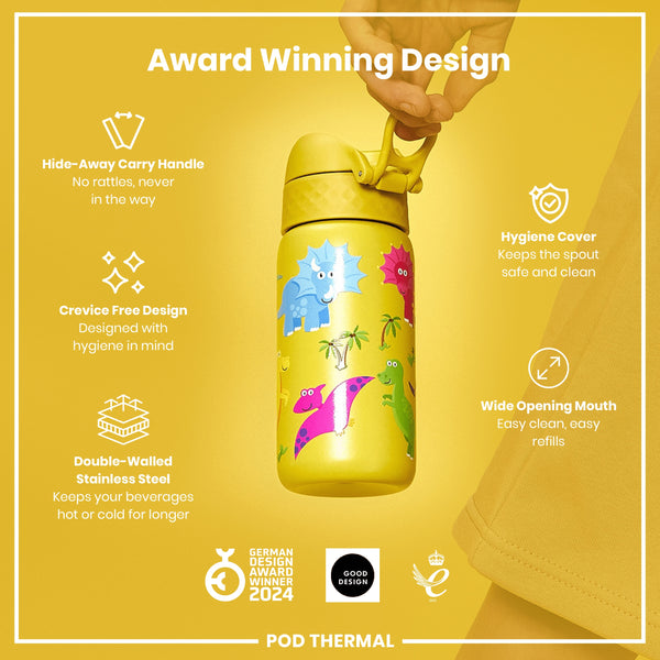 A yellow dinosaur-themed, double-walled stainless steel water bottle is being held; its features are highlighted in text. The context is an advertisement showcasing its award-winning design.