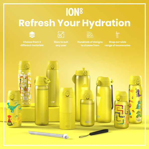 Several yellow ION8 water bottles, various sizes and designs, are displayed on a yellow surface. Refresh Your Hydration. Choose from 3 different materials. Sizes to suit any user. Hundreds of designs to choose from. Shop our wide range of accessories.