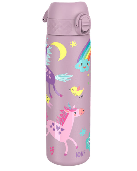 A lavender water bottle, featuring unicorns, rainbows, and a bird, stands upright against a white background. ION8 is printed at the bottom.