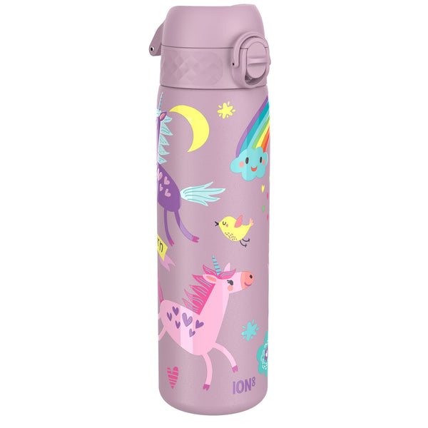 A lavender water bottle, featuring unicorns, rainbows, and a bird, stands upright against a white background. ION8 is printed at the bottom.