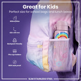 A pastel-colored, rainbow-decorated water bottle fits inside a pastel-colored backpack's mesh pocket. The bottle is 600ml/20oz, 232 x 65 mm, backpack and cup holder friendly, and 100% leak proof. It is slim and made of stainless steel.