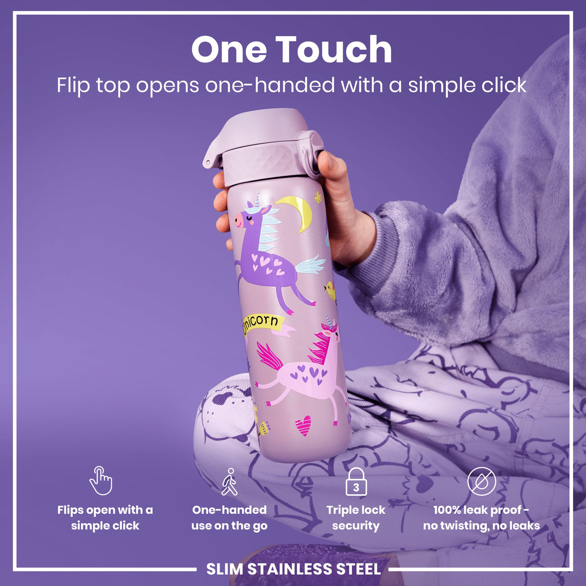 A purple, unicorn-decorated water bottle is held; its flip top opens one-handed. The bottle is slim, stainless steel, leakproof, and has triple lock security.