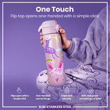 A purple, unicorn-decorated water bottle is held; its flip top opens one-handed. The bottle is slim, stainless steel, leakproof, and has triple lock security.