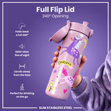 A purple, unicorn-decorated stainless steel water bottle is held; its full flip lid opens 240°. The bottle is slim, and the lid sits away from the face.