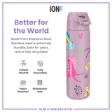 A lavender stainless steel water bottle, decorated with unicorns and rainbows, sits on a white background. 