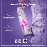 A lavender-colored, slim stainless steel water bottle, featuring a unicorn design, is held against a purple background. The bottle has a hide-away handle, hygiene cover, and wide opening. It's a 2024 German Design Award winner.