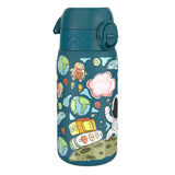 A teal water bottle, featuring a space-themed design, stands on a white background. The bottle displays drawings of planets, astronauts, and spacecraft. The brand name 