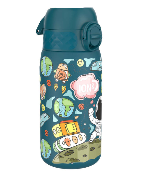A teal water bottle, featuring a space-themed design, stands on a white background. The bottle displays drawings of planets, astronauts, and spacecraft. The brand name "ION8" is visible on the bottle.