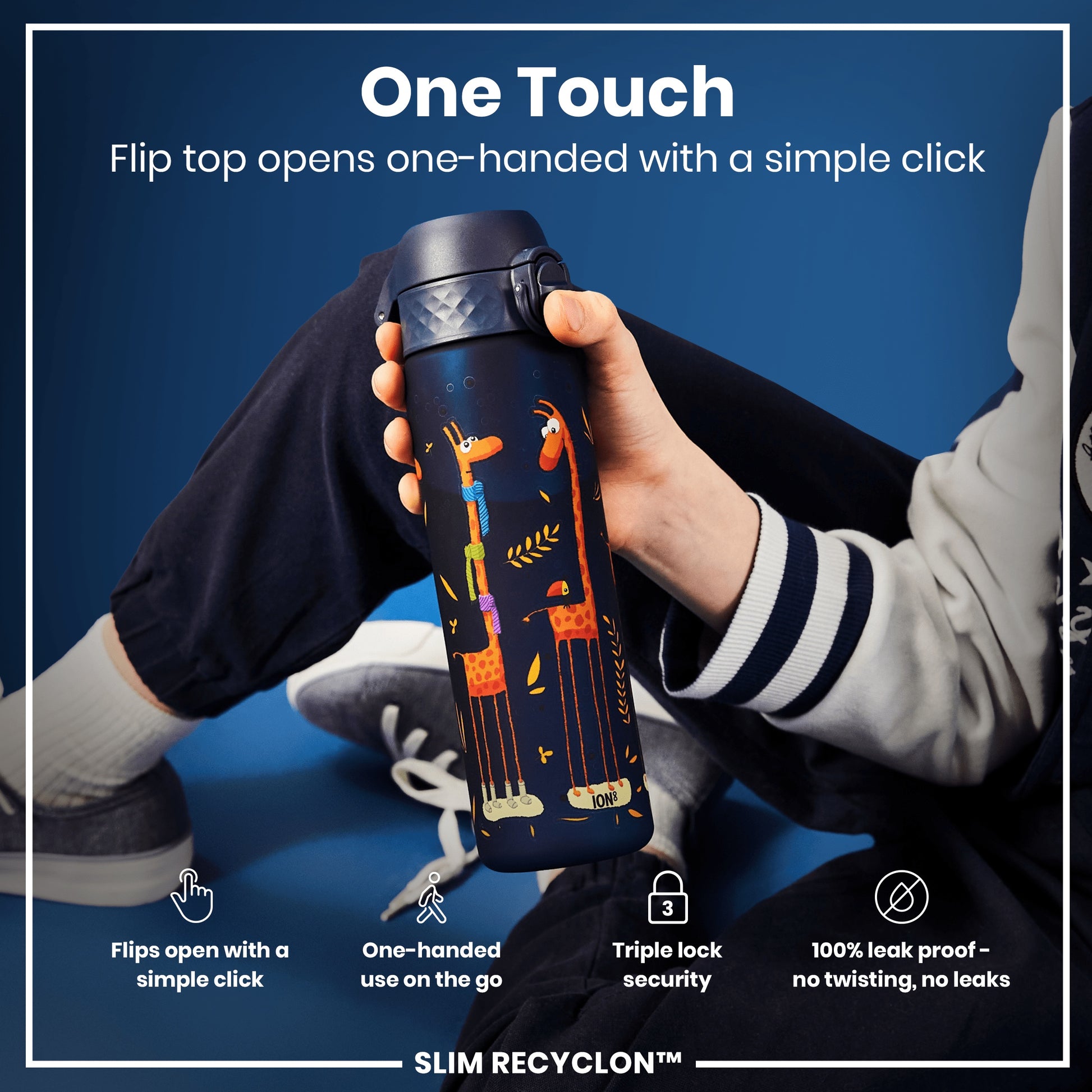 A dark-blue water bottle, featuring a giraffe design, is held; its flip top opens with a single click. The context is a person's hand, against a blue background. "One Touch," "Flip top opens one-handed with a simple click," "Flips open with a simple click," "One-handed use on the go," "Triple lock security," "100% leak proof - no twisting, no leaks," and "SLIM RECYCLON™" are also present.