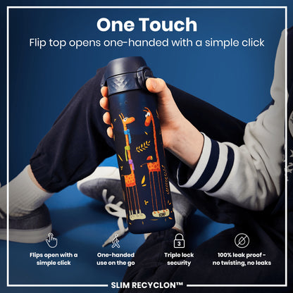 A dark-blue water bottle, featuring a giraffe design, is held; its flip top opens with a single click. The context is a person's hand, against a blue background. "One Touch," "Flip top opens one-handed with a simple click," "Flips open with a simple click," "One-handed use on the go," "Triple lock security," "100% leak proof - no twisting, no leaks," and "SLIM RECYCLON™" are also present.