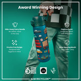 A teal water bottle stands upright, displaying various cartoon vehicles on its surface against a white background. The bottle features a teal lid with a flip-top opening mechanism. A small red circle with the word 