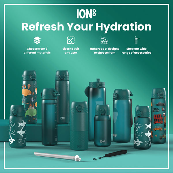 A teal water bottle stands upright, displaying various cartoon vehicles on its surface against a white background. The bottle features a teal lid with a flip-top opening mechanism. A small red circle with the word "STOP" is visible near the bottom.