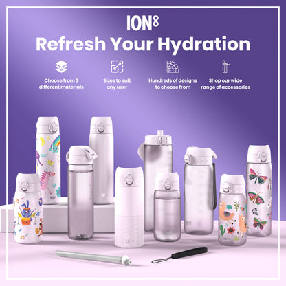 Several water bottles, varying in size and design, are displayed on a purple surface. They feature various colorful patterns. The context promotes ION8 hydration products.