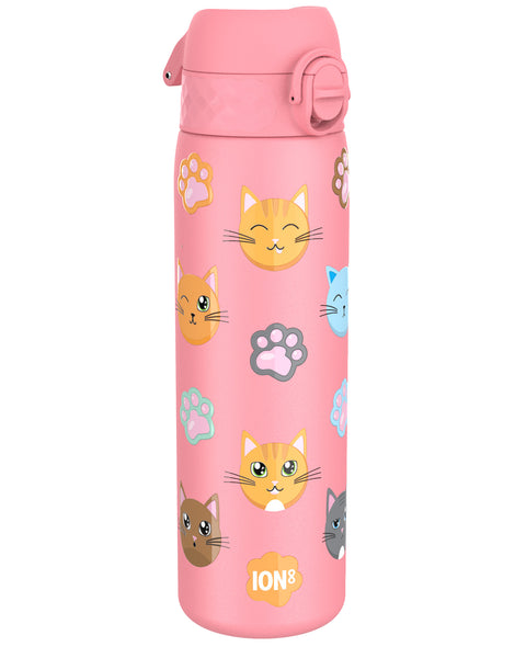 A pink water bottle, decorated with cartoon cats and paw prints, sits against a white background. The brand "ION8" is visible near the base.