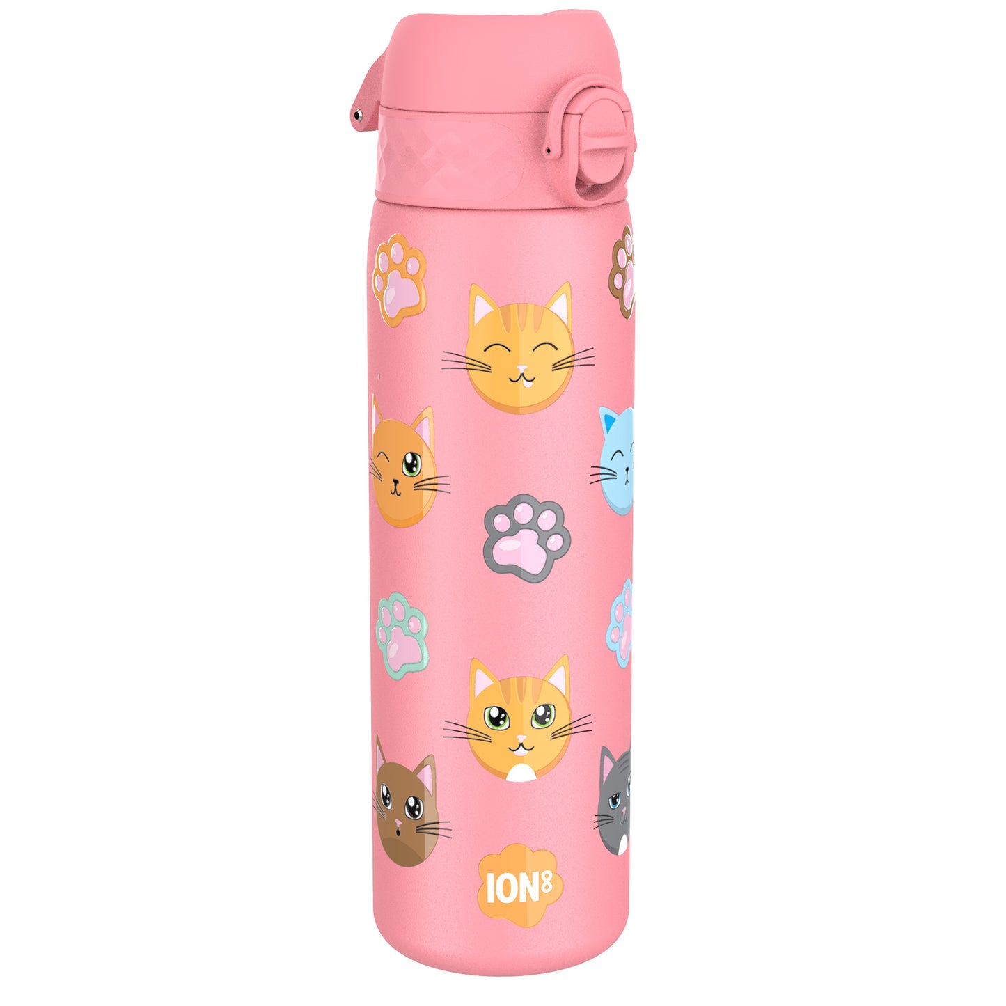 A pink water bottle, decorated with cartoon cats and paw prints, sits against a white background. The brand "ION8" is visible near the base.