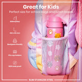A pink, cat-themed water bottle fits inside a pastel backpack's mesh pocket. It's 600ml/20oz, 232 x 65 mm, and designed for kids' school bags and lunchboxes. The bottle is leakproof and fits cup holders.