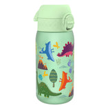 A light green water bottle, featuring cartoon dinosaurs and volcanoes, sits on a white background. The bottle has a light green screw-on cap.