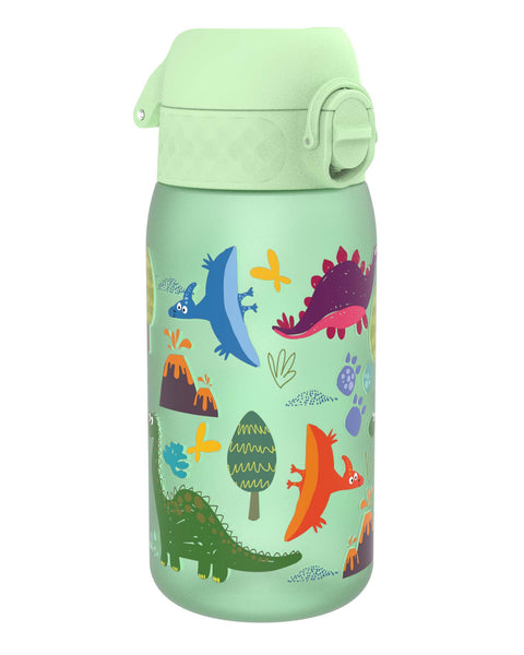 A light green water bottle, featuring cartoon dinosaurs and volcanoes, sits on a white background. The bottle has a light green screw-on cap.
