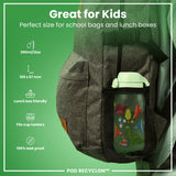 A green water bottle, fitting school bags and lunchboxes, is shown in a side pocket of a gray backpack. 350ml/12oz; 169 x 67 mm; Lunch box friendly; Fits cup holders; 100% leak proof. POD RECYCLON™.