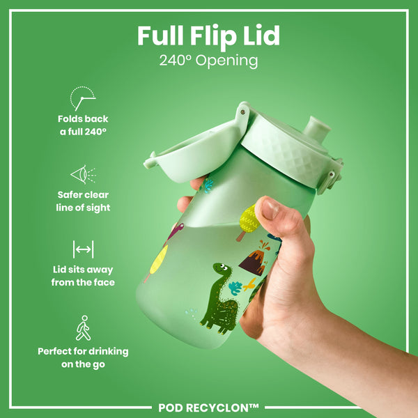 A light green water bottle, with a dinosaur design, is held; its full flip lid opens 240°. The bottle's lid is designed to sit away from the face. The context is a green background with product information.