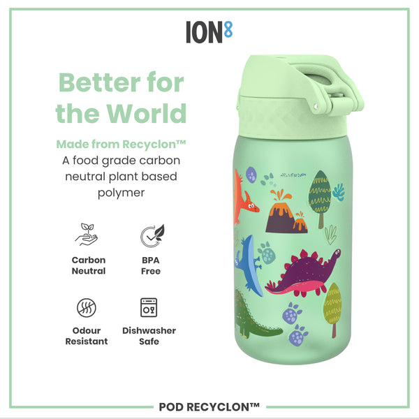 A light-green water bottle, featuring a dinosaur design, sits against a white background; it is made from a plant-based polymer and is BPA-free, odour-resistant, and dishwasher-safe. "Better for the World," "Made from Recyclon™," "Carbon Neutral," "BPA Free," "Odour Resistant," "Dishwasher Safe," and "POD RECYCLON™" are also present.