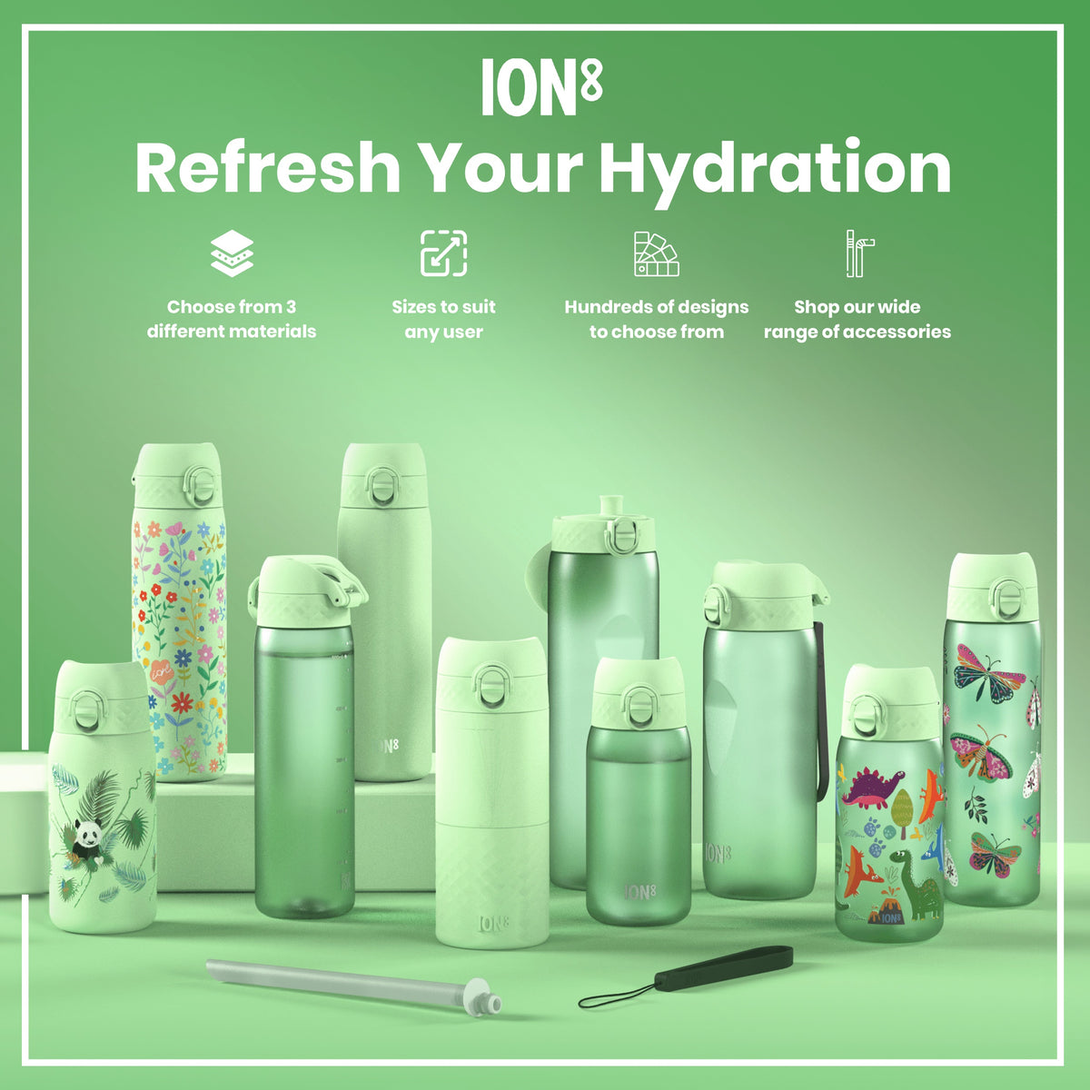 Several pastel-green water bottles, with various designs and sizes, are displayed on a matching surface. Refresh Your Hydration. Choose from 3 different materials. Sizes to suit any user. Hundreds of designs to choose from. Shop our wide range of accessories.